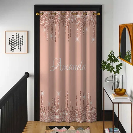 Sparkly Glitter Drips Pink Rose Monogram Customized Photo Printed Curtain