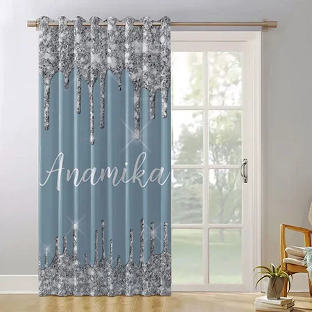 Spark Drips Glitter Effect Smoky Blue Silver Grey Monogram Customized Photo Printed Curtain