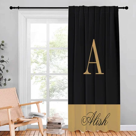 Gold Black Monogram Customized Photo Printed Curtain