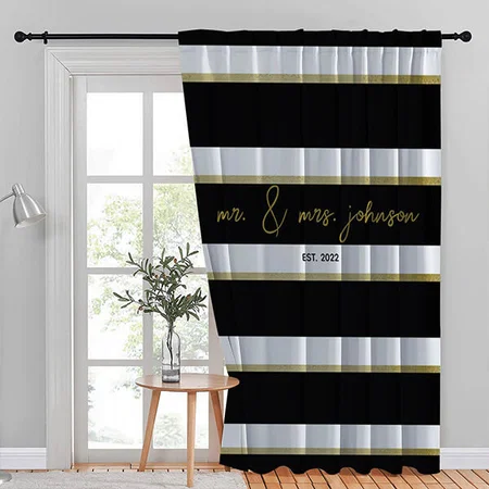 Elegant Minimalist Black White Gold Couple Wedding Customized Photo Printed Curtain