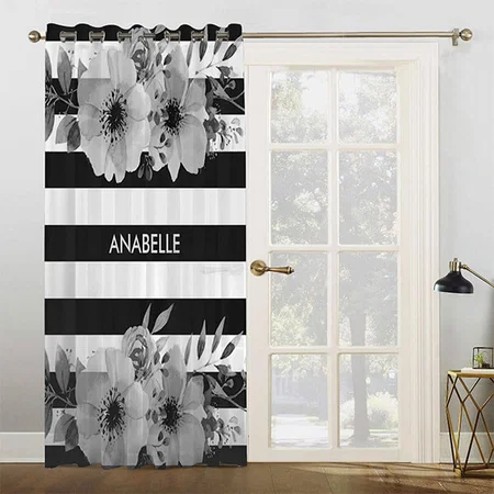 Black and White Floral Stripes Customized Photo Printed Curtain