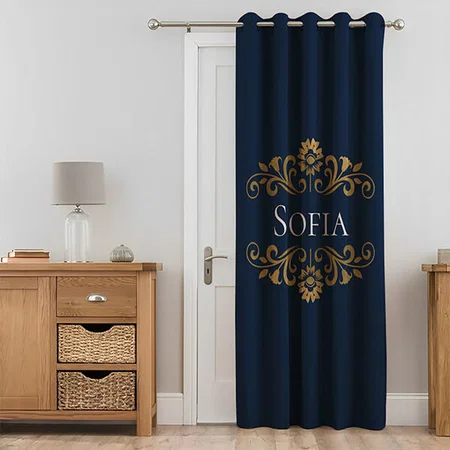 Elegant Monogram Navy Blue Gold Customized Photo Printed Curtain