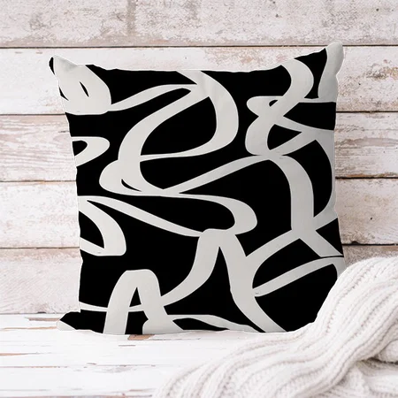 Abstract Lines Modern Black And Beige Cream Swirl Customized Photo Printed Cushion