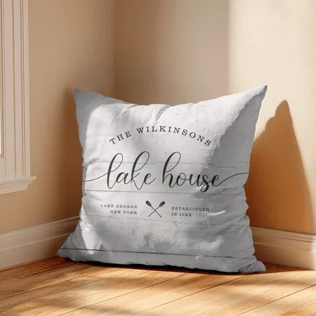 Modern Lake House Family Name Brush Script Wood Customized Photo Printed Cushion