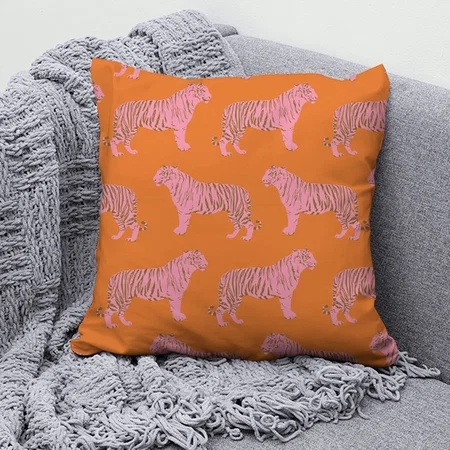 Cute Tiger Pattern in Vibrant Pink and Orange Customized Photo Printed Cushion