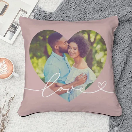 Love in Script Rose Pink Custom Heart Shaped Customized Photo Printed Cushion