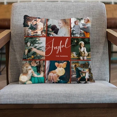 Joyful | Elegant Script Multi Customized Photo Printed Cushion