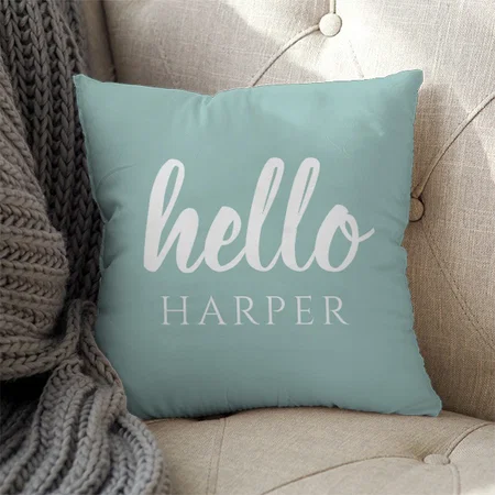 Modern Minimal Green And White Hello And You Name Customized Photo Printed Cushion