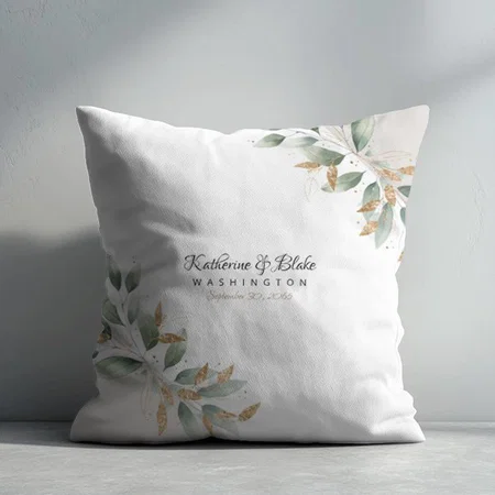 Lovely Foliage & Gold Custom Names Wedding Customized Photo Printed Cushion