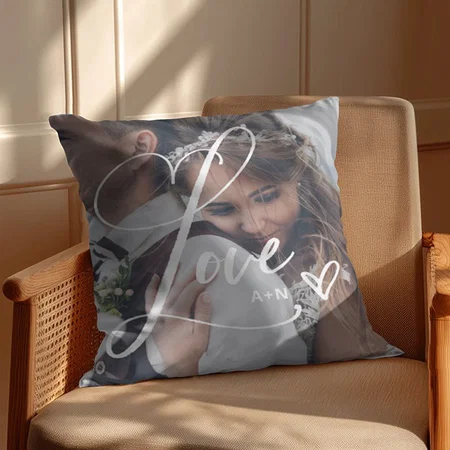Love in Elegant Script | Two Photo with Heart Customized Photo Printed Cushion