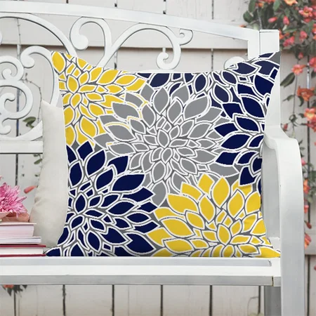 Navy, Yellow and Gray Floral Background Customized Photo Printed Cushion