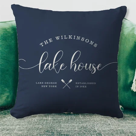 Modern Lake House Family Name Brush Script Blue Customized Photo Printed Cushion