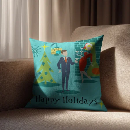 Retro Holiday Cartoon Couple Customized Photo Printed Cushion