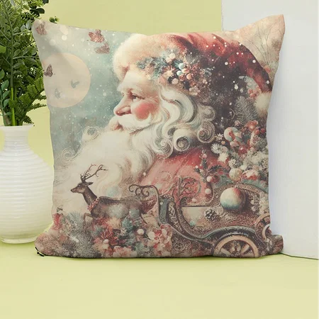 Vintage Santa Reindeer Christmas Customized Photo Printed Cushion
