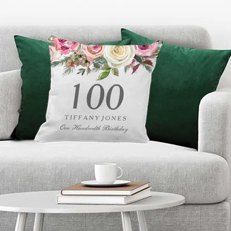 Elegant White Rose Pink Floral 100th Birthday Customized Photo Printed Cushion
