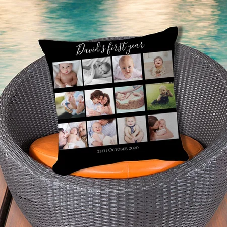 Baby Boy First Year Photo Collage Gift Black Customized Photo Printed Cushion