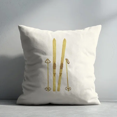 Gold Skis And Poles | Retro Ski Illustration Customized Photo Printed Cushion