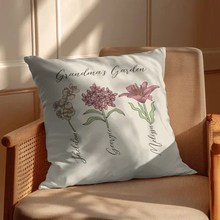 Grandma's Garden Flower 3 Grandkids Name Floral Customized Photo Printed Cushion