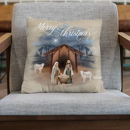 Watercolor Nativity Manger Merry Christmas Customized Photo Printed Cushion