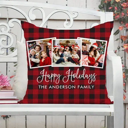 Calligraphy 3 Photo Red Buffalo Plaid Holiday Customized Photo Printed Cushion