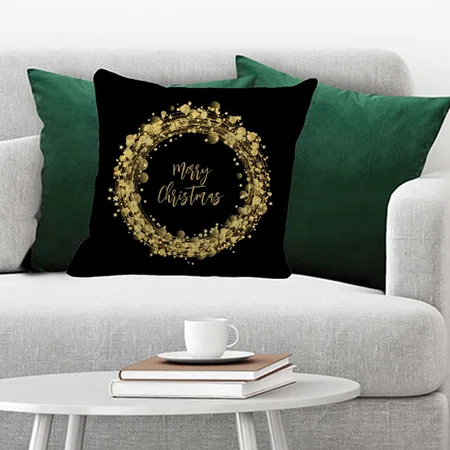 Merry Christmas Gold Stars on Black Customized Photo Printed Cushion