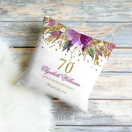 Floral Glitter Sparkling Amethyst 70th Birthday Customized Photo Printed Cushion