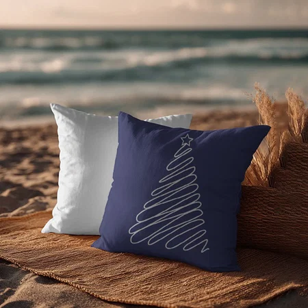 Christmas Scribble Tree Navy Blue White Customized Photo Printed Cushion