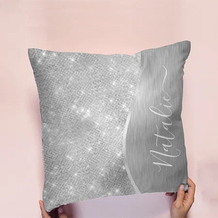 Silver Glitter Glam Bling Personalized Metallic Customized Photo Printed Cushion
