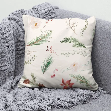 Elegant Boho Christmas Holiday Poinsettia Pine Customized Photo Printed Cushion