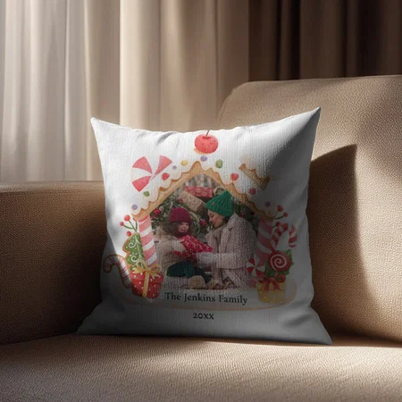 Gingerbread House Christmas Customized Photo Printed Cushion