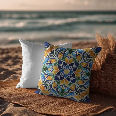 Blue Tile Vintage Mexican Pattern Customized Photo Printed Cushion