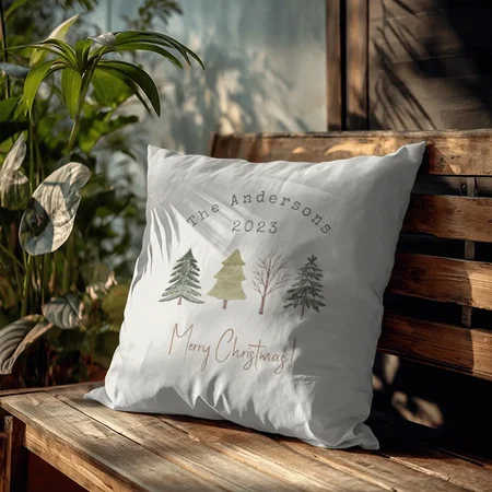 Elegant Watercolor Pine Trees Christmas Family Customized Photo Printed Cushion