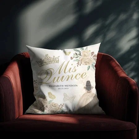 Gold Sparkle Floral Princess Quinceañera Birthday Customized Photo Printed Cushion