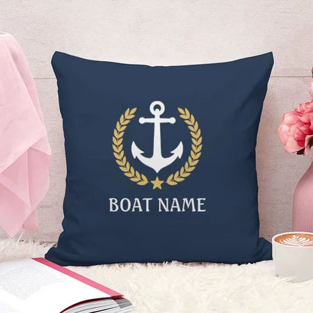 Your Boat Name Nautical Anchor Laurel Leaves Blue Customized Photo Printed Cushion