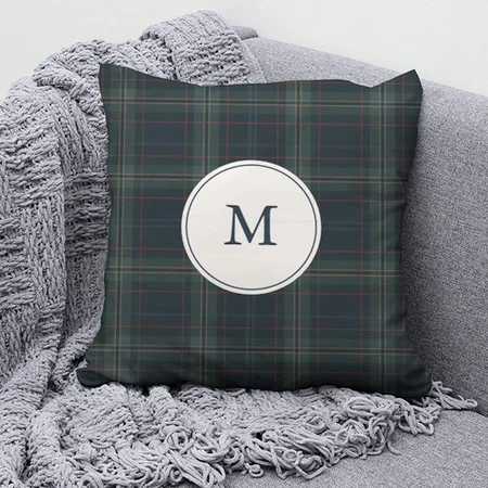 Elegant Navy Blue and Green Plaid Monogram Customized Photo Printed Cushion