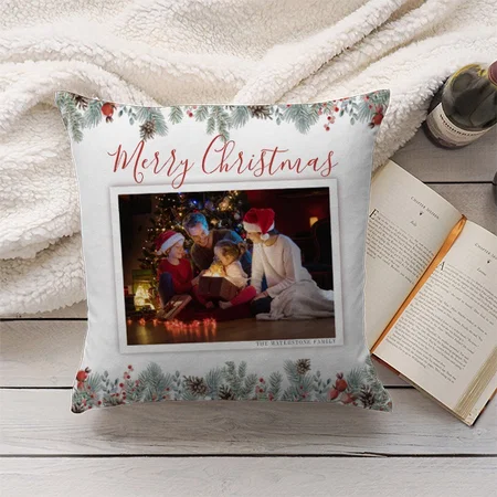 Modern Merry Christmas Family Photo Rustic Customized Photo Printed Cushion