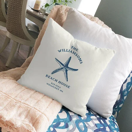 Blue Coastal Starfish Beach House Customized Photo Printed Cushion
