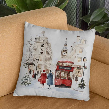 London Christmas Watercolor City Scene Customized Photo Printed Cushion