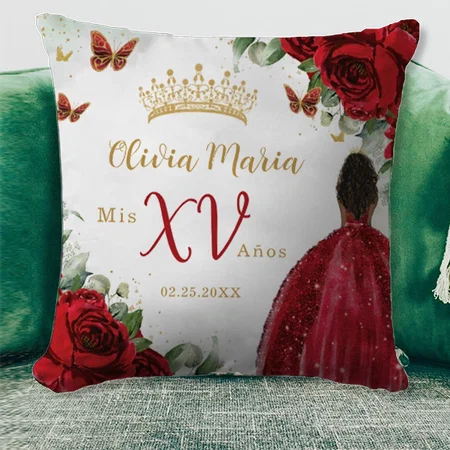 Red Roses Floral Brown Princess Dress Quinceanera Customized Photo Printed Cushion