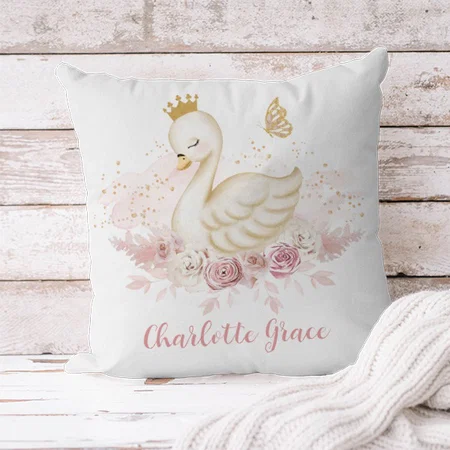 Soft Blush Floral Swan Princess Baby Girl Nursery Customized Photo Printed Cushion