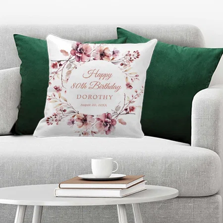 80th Birthday Personalized Burgundy Pink Floral Customized Photo Printed Cushion