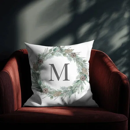 Rustic Winter Greenery Monogram Initial Wreath Customized Photo Printed Cushion