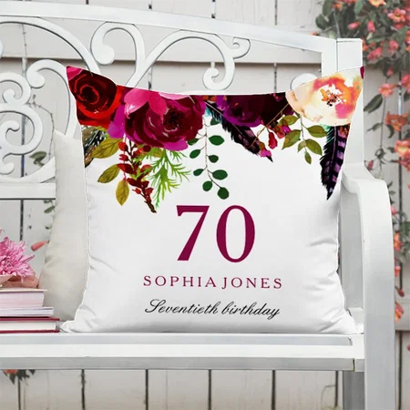 Pink & Burgundy Boho Floral 70th Birthday Gift Customized Photo Printed Cushion