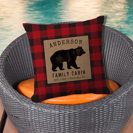 Rustic Bear Family Cabin Red Buffalo Plaid Burlap Customized Photo Printed Cushion