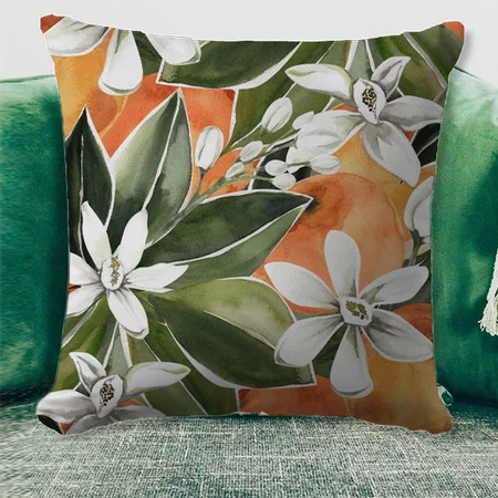 Tropical Orange & Flowers Watercolor Pattern Customized Photo Printed Cushion