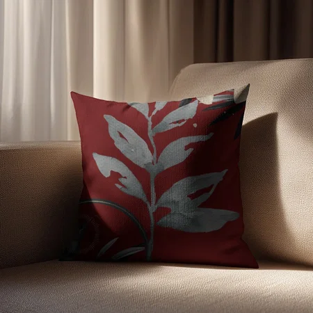 Burgundy & Gray Artistic Watercolor Leaves Customized Photo Printed Cushion