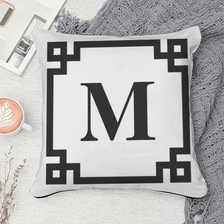 Black and White Greek Key Border Monogram Customized Photo Printed Cushion