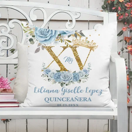 Blue Floral Crown XV QUINCEAÑERA Quince Keepsake Customized Photo Printed Cushion