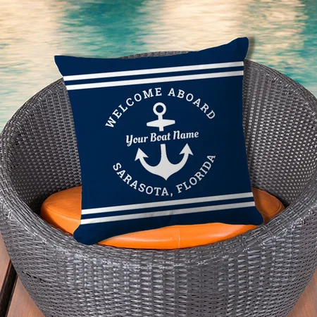 Nautical Navy Blue Welcome Aboard Boat Name Anchor Customized Photo Printed Cushion