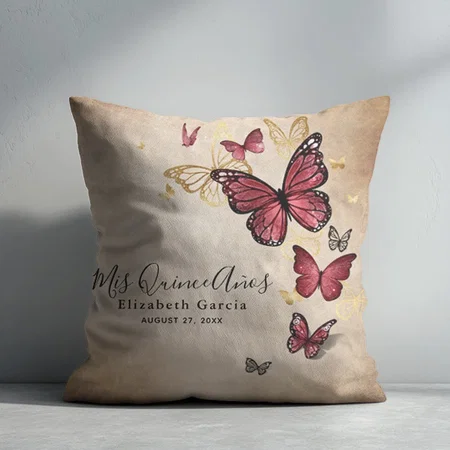 Elegant Gold Burgundy Butterfly Mis Quince Anos Customized Photo Printed Cushion